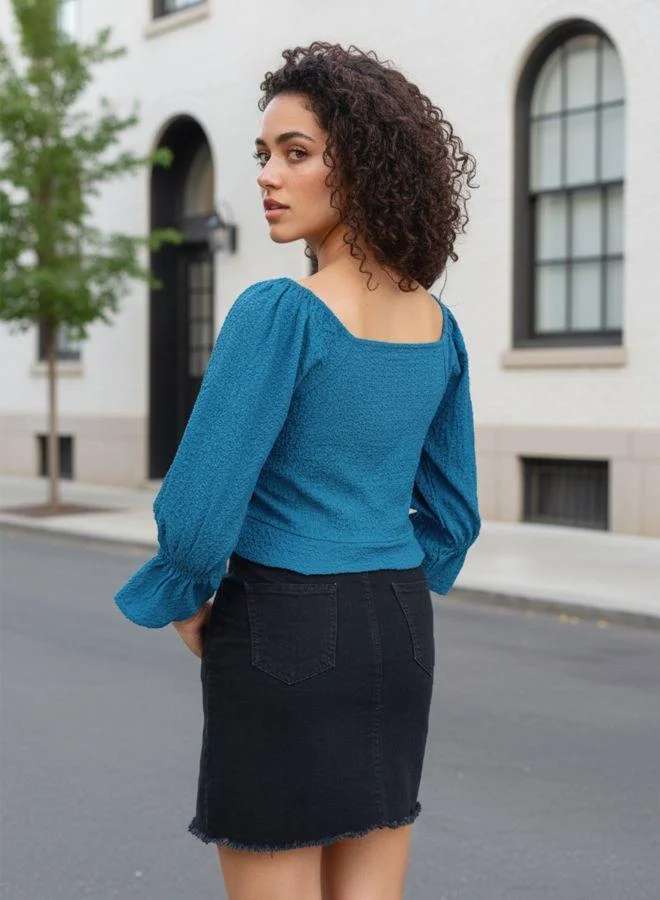 Freehand  Women Fitted Textured Henley Quarter Sleeves Crop Top for Women | Best Price UAE